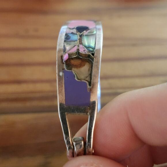 5 Vtg Taxco Mexico Sterling Silver Mother of Pearl Inlay Hinged Cuff Bracelet - Picture 5 of 15